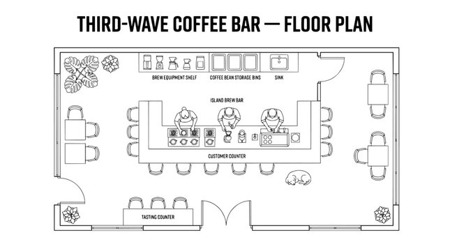 Third-wave coffee bar floor plan, architectural cafe layout vector, modern restaurant interior design with island brew bar and seating