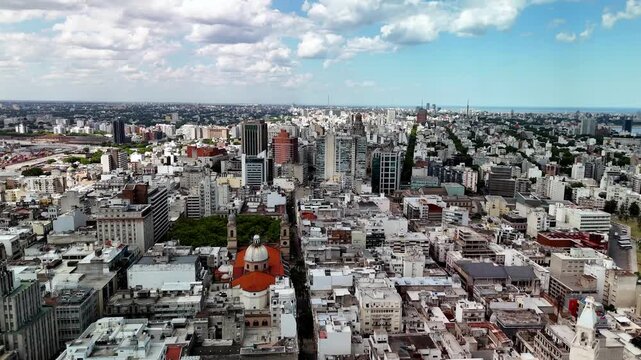 Aerial drone view of Ciudad Vieja skyline and Montevideo Metropolitan Cathedral, Uruguay