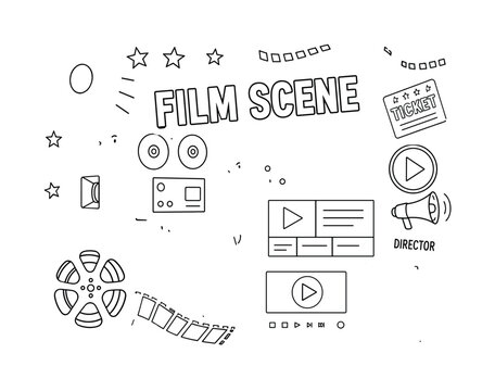 Cinema Film Production. Clean outline line art banner of cinema film production: two filmmakers working beside an oversized movie camera and a giant clapper board screen spread across the full canvas,