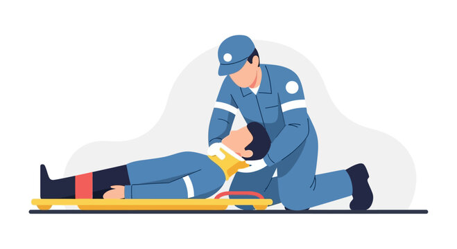 Paramedic stabilizes patient on stretcher, emergency medical services, first aid, rescue