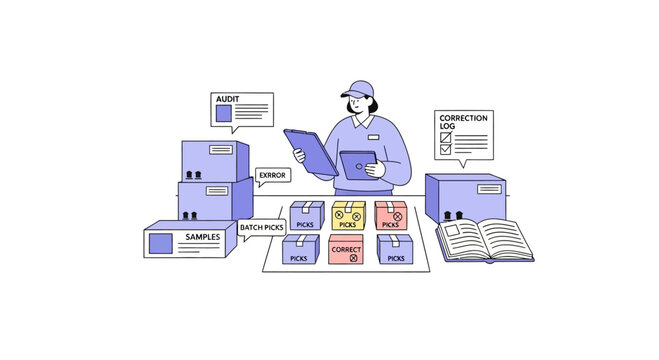 Warehouse worker checking packages and inventory with checklist and book