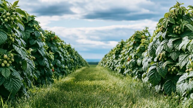 Green berry field rows creating a natural path under cloudy sky, fresh plantation farming landscape