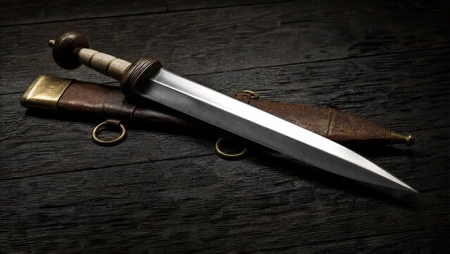 Roman short sword resting on a worn leather scabbard on dark wood.