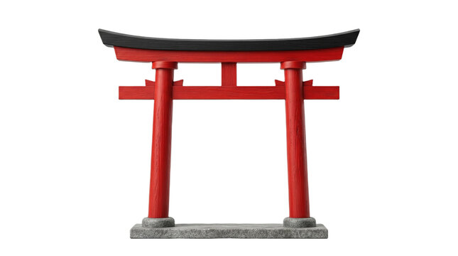Torii Gate, Shinto Architecture, Miniature red wooden Torii gate with black lintel accent, isolated on transparent background