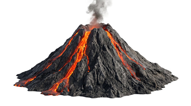 Volcano Cone, Geological Phenomenon, Active volcano cone with glowing lava streams flowing down, isolated on transparent background