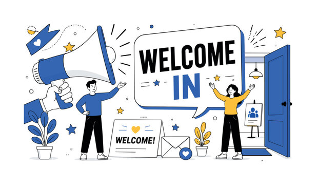 Welcome Megaphone Message. Banner scene about welcoming announcement with two greeters beside an oversized hand-held megaphone and a large speech bubble sign, welcome card, event door, motion lines,