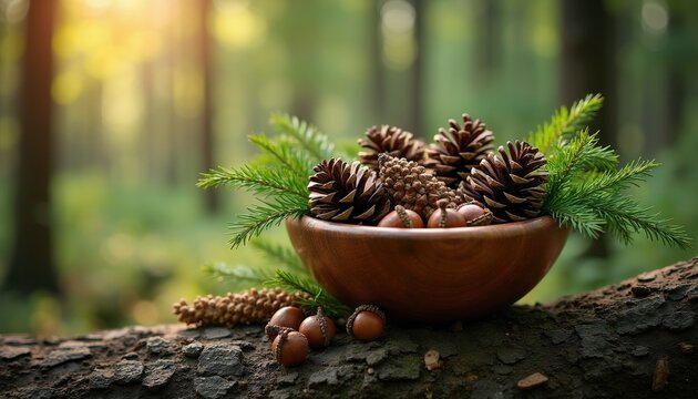 Wooden bowl filled with pine cones acorns and fir branches sits on tree bark. Forest backdrop with sunlit trees creates rustic woodland scene.