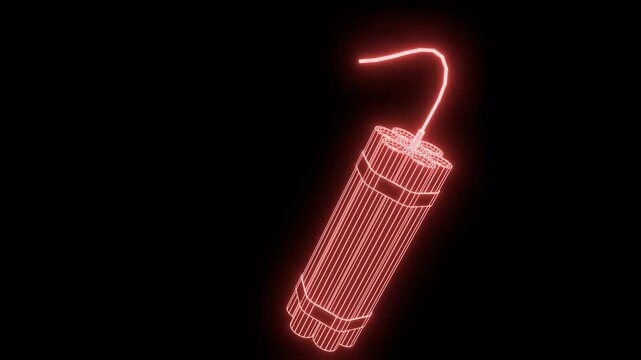 3d bunch of red detonate dynamite bomb sticks. Neon glowing wireframe hologram.