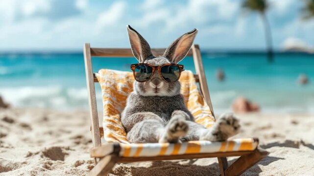 Cute bunny relaxing with sunglasses on a tropical beach. Easter, Pascha, Paskha, Ostern, Pascua, Paques - Orthodox and Catholic Holiday celebration