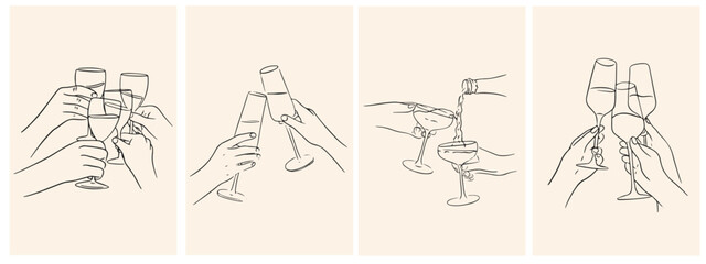 Obraz na płótnie Canvas Hand drawn cocktails posters. Cheers set with hands holding glasses at party celebration. Italian style dinner party. Ink doodle wine, champagne or cocktails for wedding invitations, menus, placards