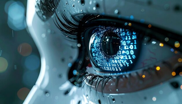 Close-up of a futuristic robot eye reflecting binary code.