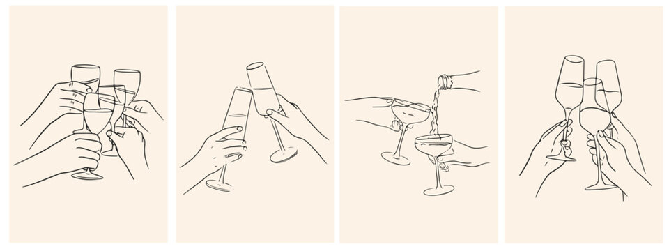 Hand drawn cocktails posters. Cheers set with hands holding glasses at party celebration. Italian style dinner party. Ink doodle wine, champagne or cocktails for wedding invitations, menus, placards