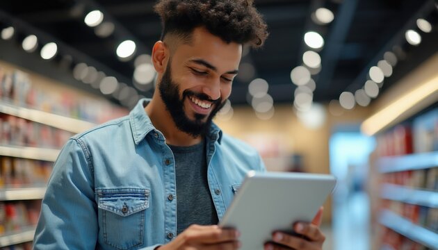 Man with beard smiles using tablet in store aisle. He browses products on digital device. Consumer looks at screen, happy with purchase. Shopping or research online.