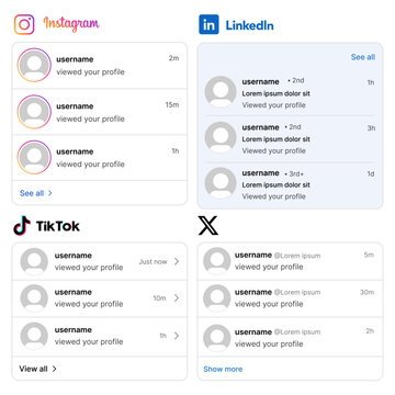 Instagram, LinkedIn, TikTok and X profile view notification cards UI kit, social media activity feed interface template