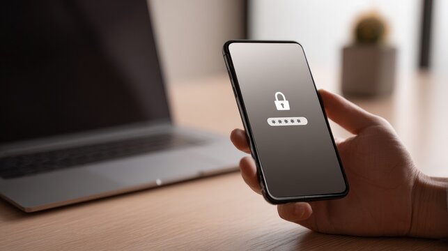 A young adult with fair skin holds a smartphone displaying a lock icon and password prompt while sitting at a wooden desk next to an open laptop.