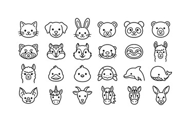 Fototapeta premium Cute Pet Characters. Line icon set of outlined cartoon animal faces: kitten face, puppy face, bunny face, cub face, panda cub, polar bear face, red panda face, chipmunk face, squirrel face, otter