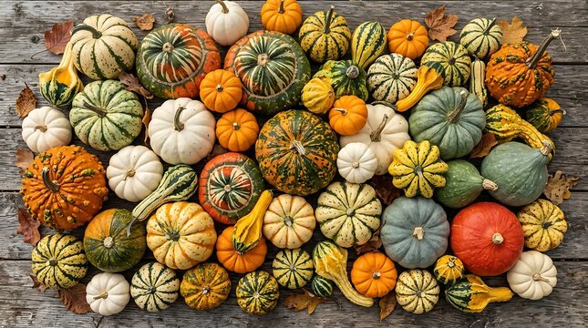 Autumn pumpkin patch flat lay background with various colorful gourds and squashes