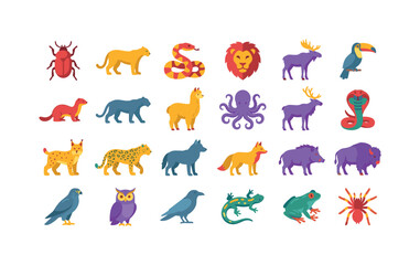Obraz premium Predator Forest Animals ? big beetle, puma, copperhead snake, lion head, elk, toucan, weasel, panther, alpaca, octopus, reindeer, cobra, lynx, jaguar, wolf, fox, boar, bison, falcon, owl, raven,