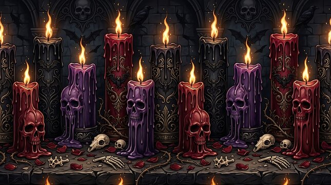 Halloween gothic altar background loop with burning skull candles and ritual elements