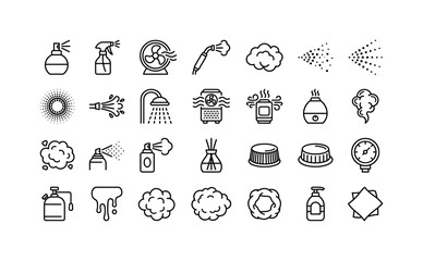 Obraz premium Aerosol Vapor Pack. Line icon set of spray and mist effects: atomizer nozzle, trigger sprayer, mist fan, steam wand, fog cloud, sprayed dots, halftone burst, water jet, shower mist, air purifier,