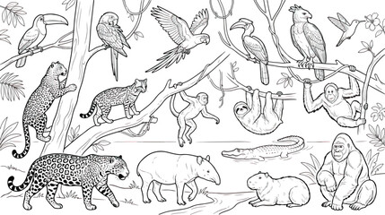 Tropical rainforest animals coloring page vector, jungle wildlife line art illustration, exotic birds and mammals in nature habitat scene © Ch