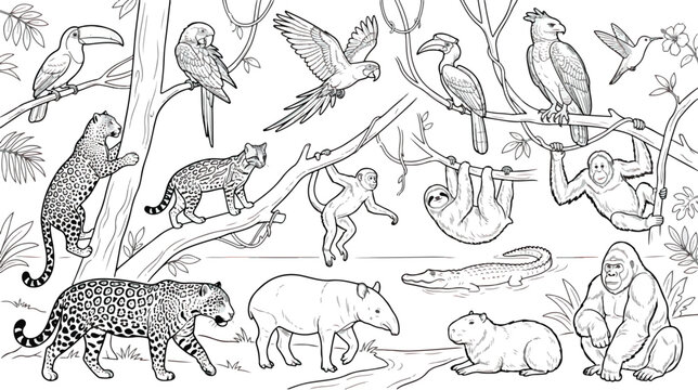 Tropical rainforest animals coloring page vector, jungle wildlife line art illustration, exotic birds and mammals in nature habitat scene