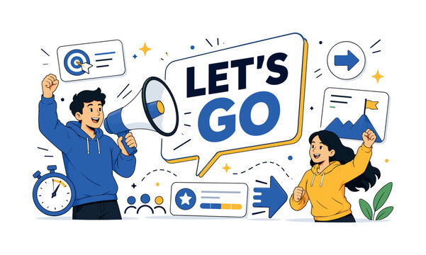 Lets Go Megaphone. Banner scene about motivational action campaign with two energetic characters beside an oversized loudspeaker and a large lets go speech bubble, start arrow, motion lines, progress