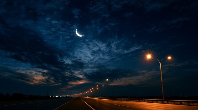 A serene nighttime scene of a highway stretching into the distance under a crescent moon and cloudy sky
