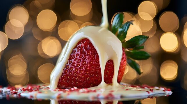 A juicy strawberry being drizzled with sweet white chocolate sauce against a warm bokeh background