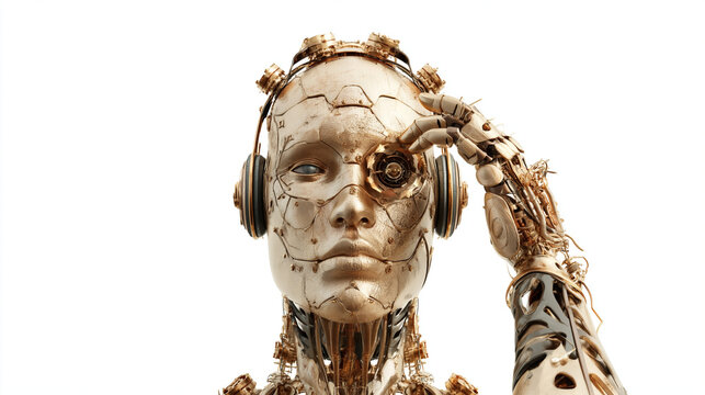 Cyborg Portrait: A detailed close-up of a human-like cyborg's face, featuring intricate mechanical components and headphones, with a robotic hand adjusting its gaze.