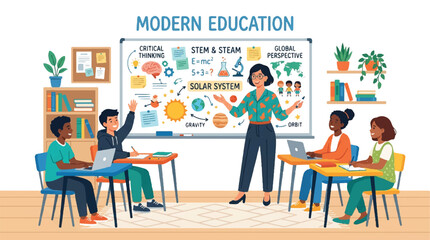 Fototapeta premium Modern classroom scene with diverse students learning together under a teacher's guidance.