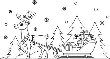 Christmas reindeer pulling a sleigh with presents through a snowy forest © RaselAhmed