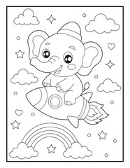 Fototapeta premium Cute Elephant Riding Rocket Coloring Page for Kids. Printable Cartoon Animal Space Adventure Illustration