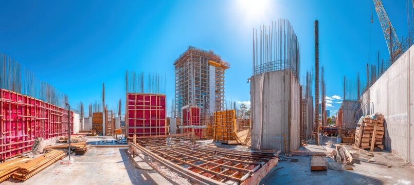 Construction site panorama with concrete forms, scaffolding, and building framework under blue sky
