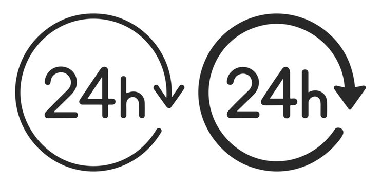 Black 24 hour service icons with circular arrows indicating continuous availability and full day operation on transparent background