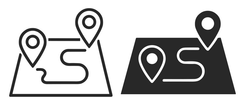 Set of map icons with location pins and route paths in black and white design on transparent background