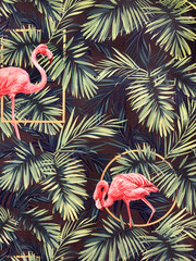 Exotic wallpaper of pink flamingo with green tropical palm leaves and dark blue background. Classic vintage and exotic flamingo bird wall covering. Suitable for graphic illustration. Seamless texture. © TMR Studio