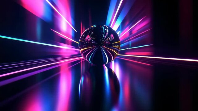 Bright lights race around a shiny ball in a dark room. Colors change quickly in a fast movement. The setup creates an exciting visual effect that draws attention