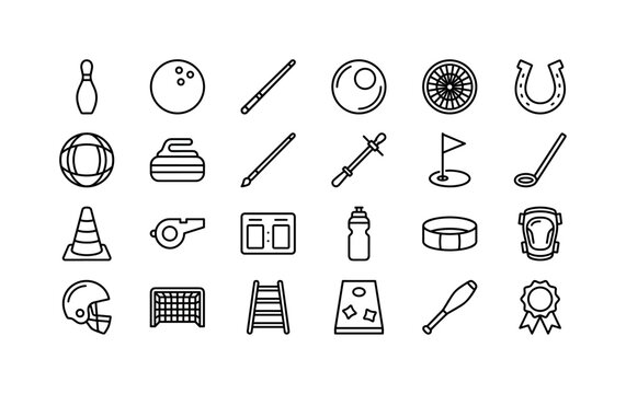 Recreation Play Objects. Line icon set of sport game and leisure objects: bowling pin, bowling ball, billiard cue, billiard ball, darts board, horseshoe, bocce ball, curling stone, shuffleboard cue,