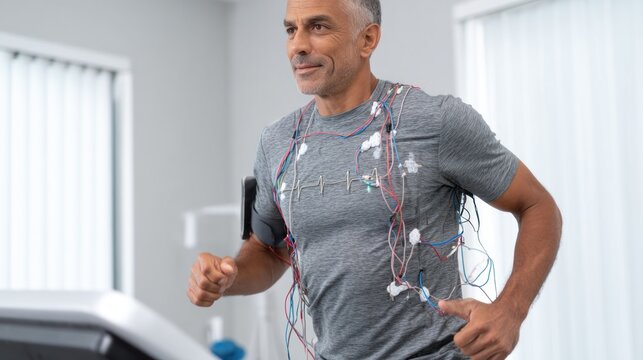 Middle-aged man running on treadmill with medical monitoring equipment in fitness center