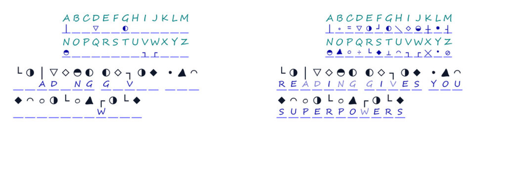 Alphabet chart with letters and corresponding symbols on white background  