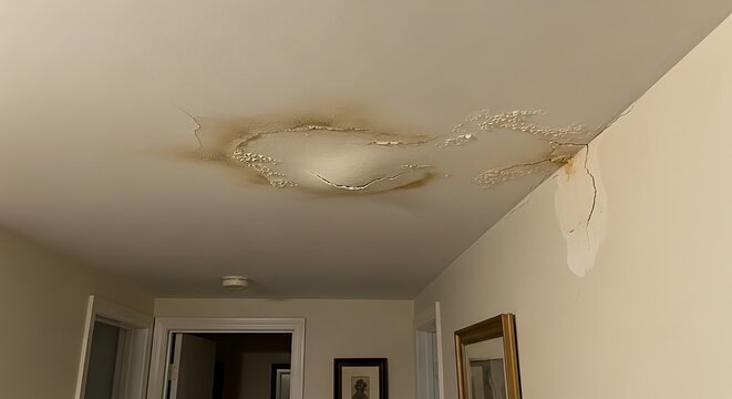 Damaged Ceiling Plaster Showing Water Leak Stains