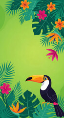 Fototapeta premium Tropical toucan amidst lush green foliage and vibrant hibiscus and bird of paradise flowers, symbolizing nature, vacation, and exoticism, perfect for summer themes.