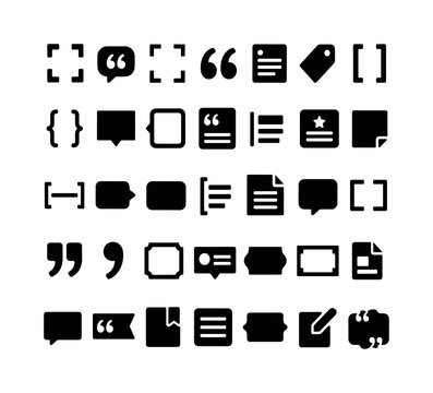Bracket Quote Frames. Solid glyph icon set of text brackets bracket quote box frame texting quote brackets boxes and quotation: bracket frame, quotation bubble, corner bracket, quote mark, info panel,