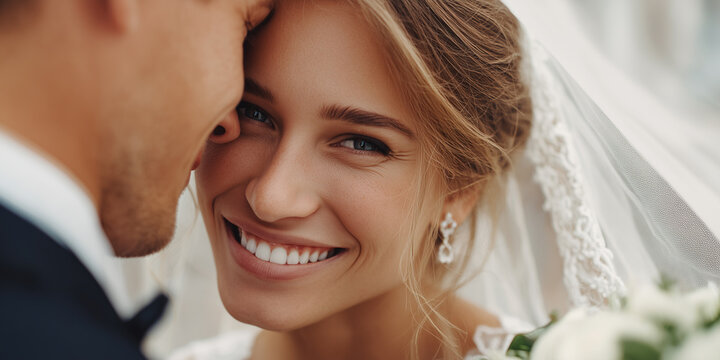 Close up portrait of a beautiful smiling bride looking at the camera next to her groom on their wedding day.