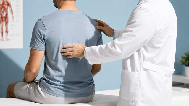 doctor examining back of male patient in hospital clinic. Osteopath checking spine and muscle pain. Physical therapy assessment. Medical professional providing chiropractic treatment service