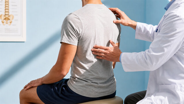 chiropractor examining back of male patient. Doctor checking spine and posture of man. Professional medical consultation, physical therapy session and treatment in healthcare clinic