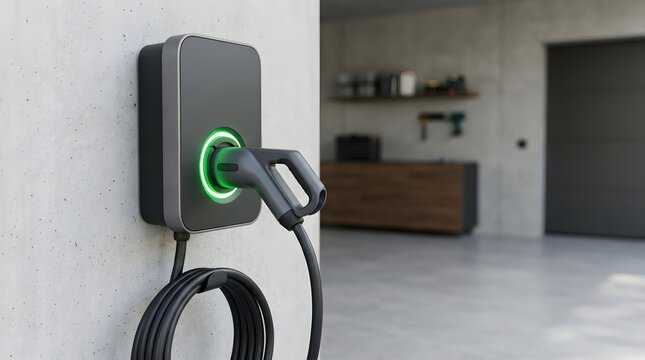 Modern Electric Vehicle Wall Mounted Charging Station Installed in a Residential Garage Setting