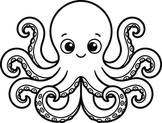 Cute cartoon octopus coloring page vector illustration. Black and white line art ocean animal isolated background for kids. © AKASH