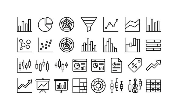 Analytics Chart Library. Line icon set of data visualization: bar chart, pie chart, radar chart, funnel chart, line graph, area chart, bubble chart, scatter plot, polar chart, histogram, waterfall